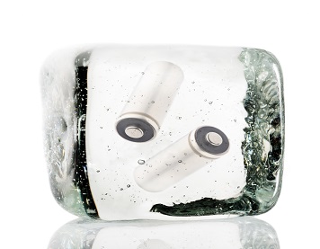 Two batteries frozen inside a block of ice