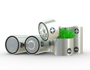 The concept ecologically a net energy. A battery and a grass on a white background